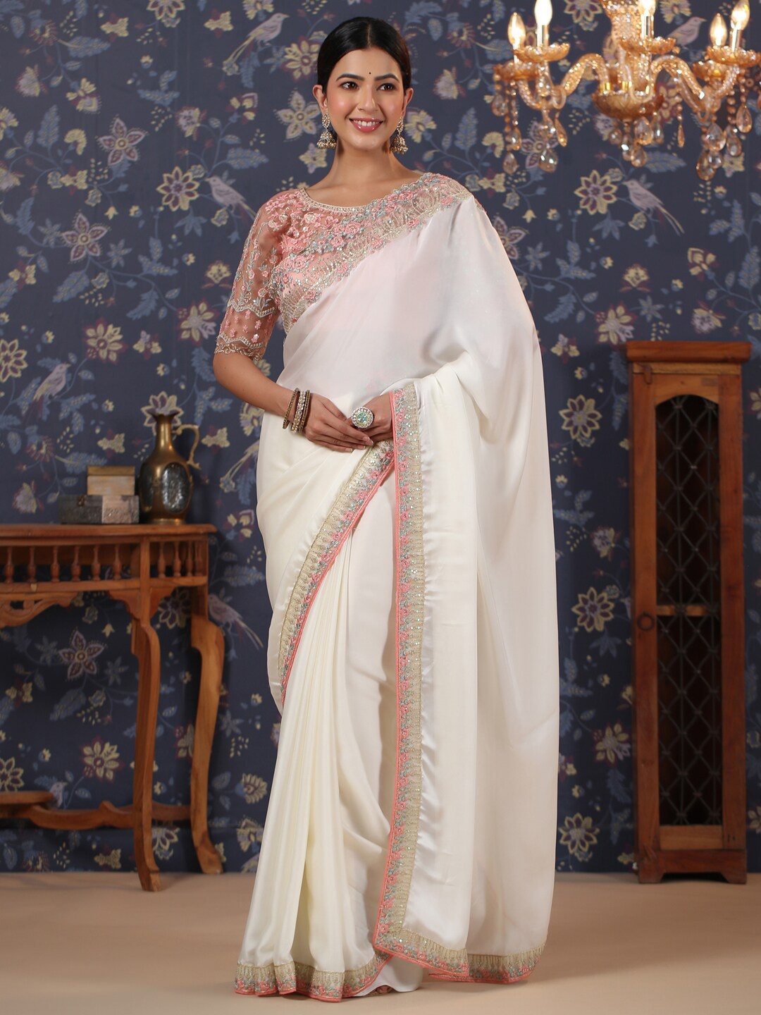 

House of Pataudi Embroidered Silk Saree, White