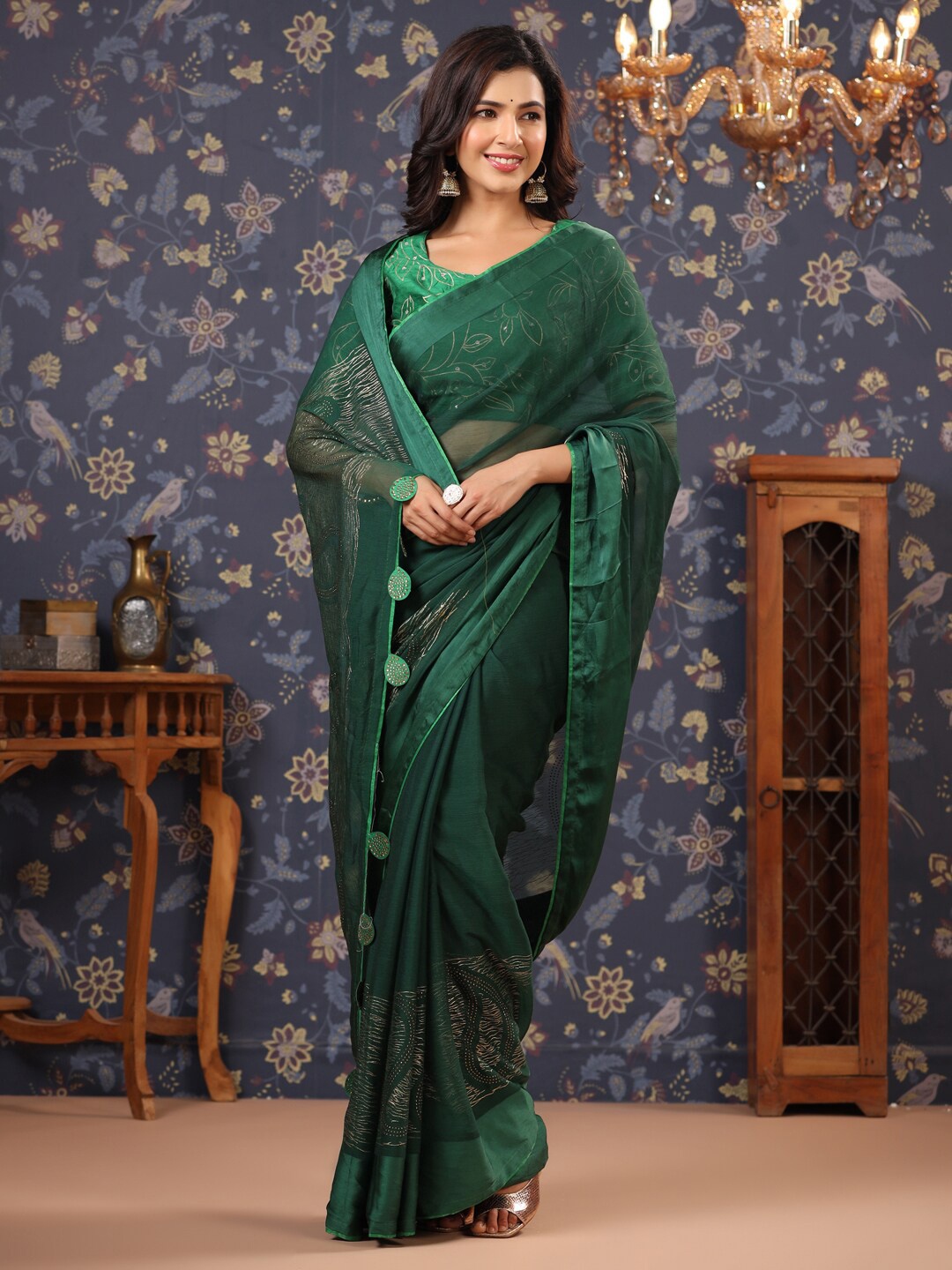 

House of Pataudi Foil Printed Saree, Green