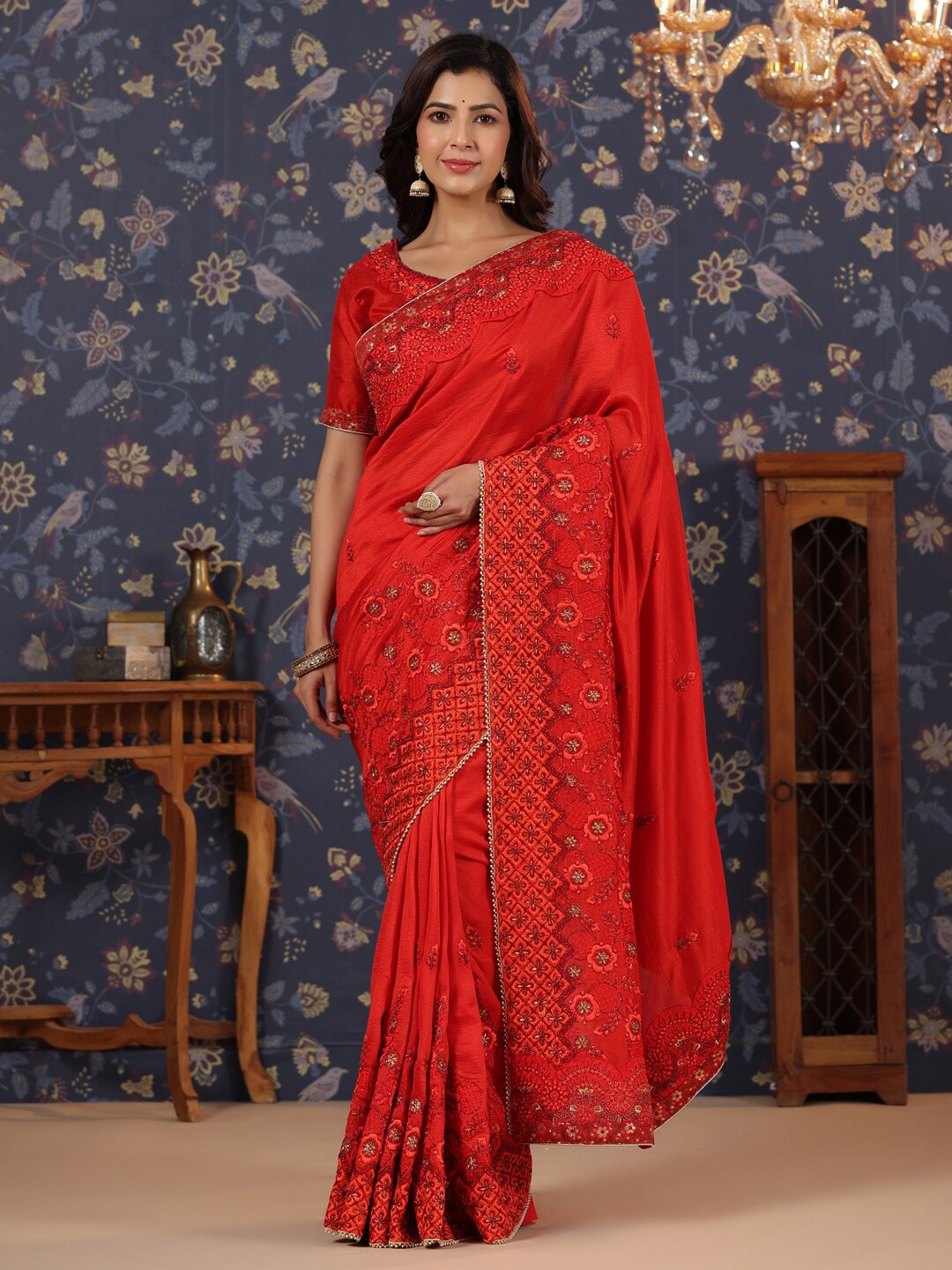 

House of Pataudi Embroidered Ethnic Motifs Silk Saree, Red