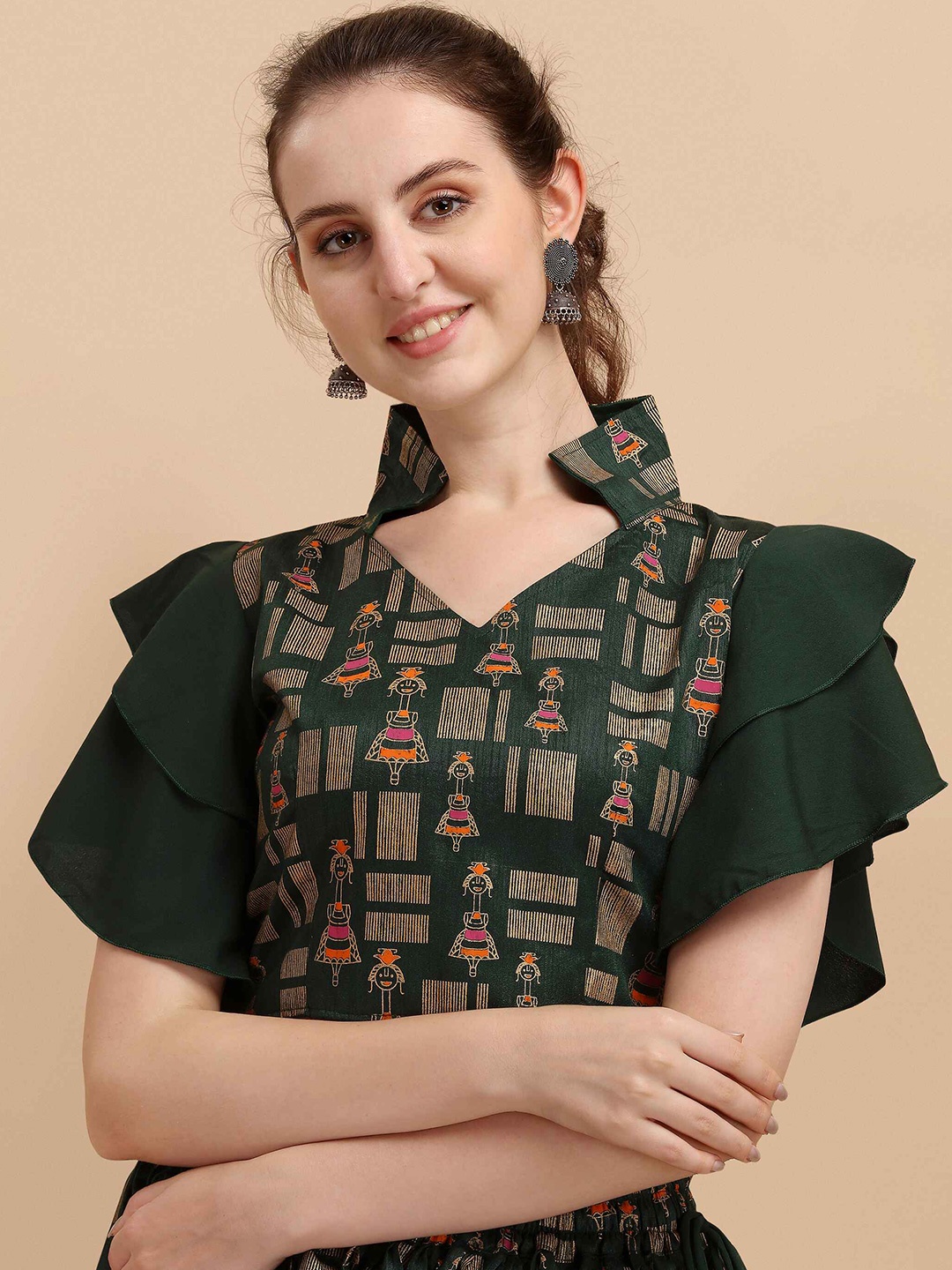 

DL Fashion Printed Flutter Sleeves Crop Top, Green