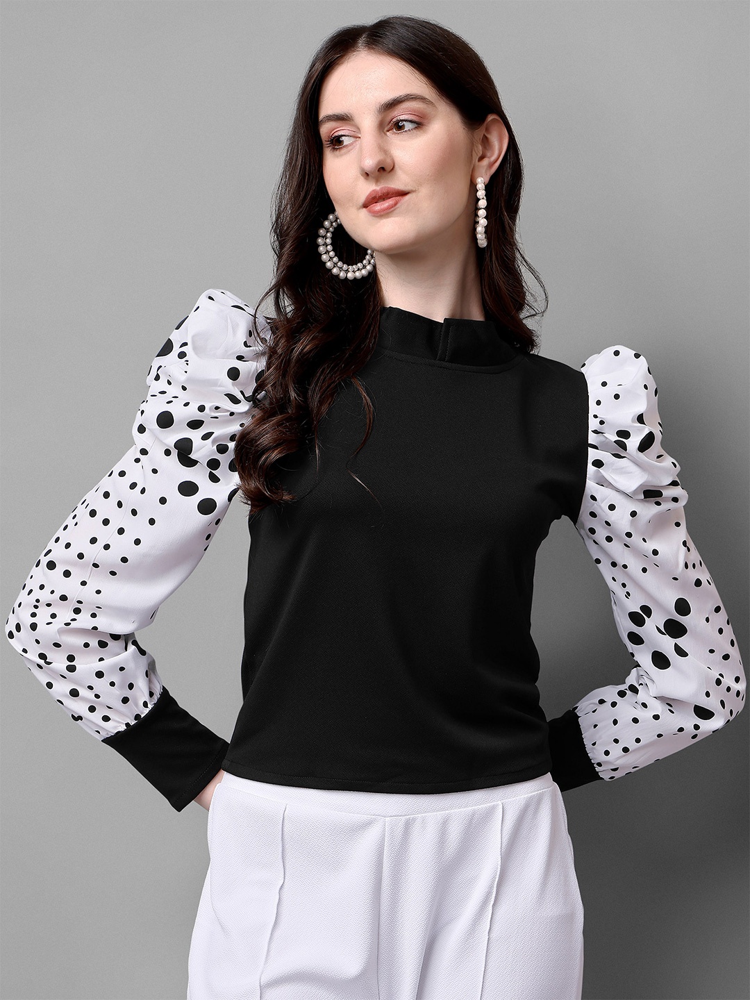 

DL Fashion Polka Dots Printed Puff Sleeves High Neck Top, Black