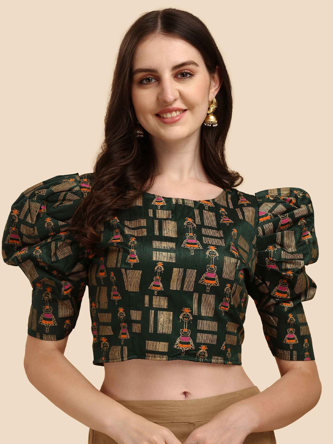 

DL Fashion Ethnic Motifs Print Puff Sleeve Crop Top, Green