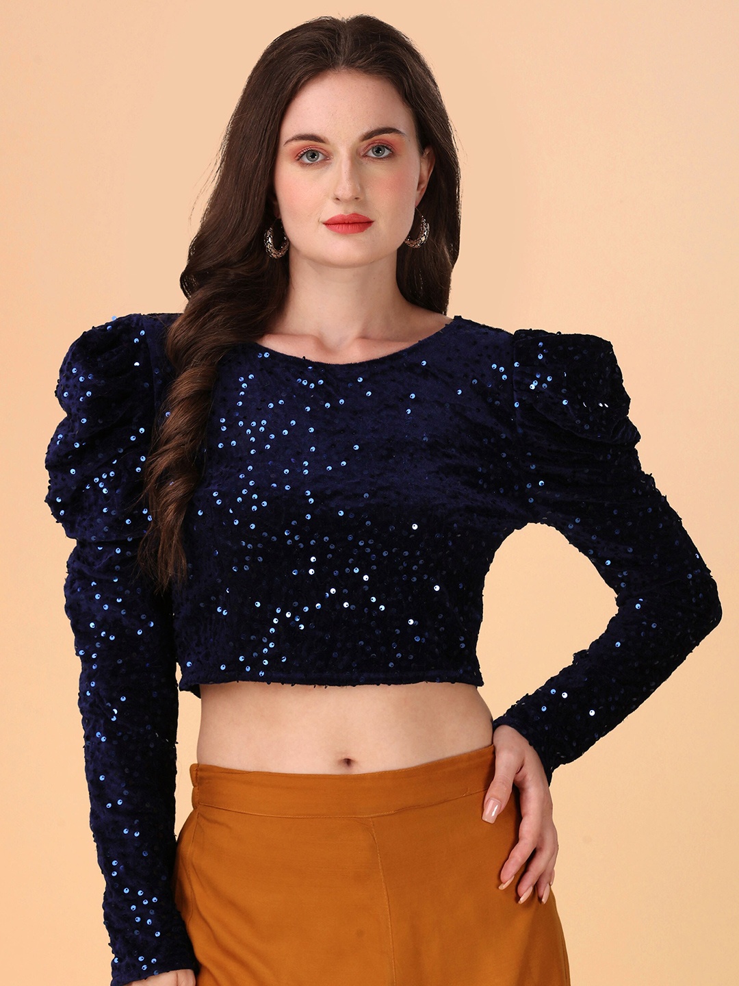 

DL Fashion Embellished Puff Sleeves Sequinned Crop Top, Blue