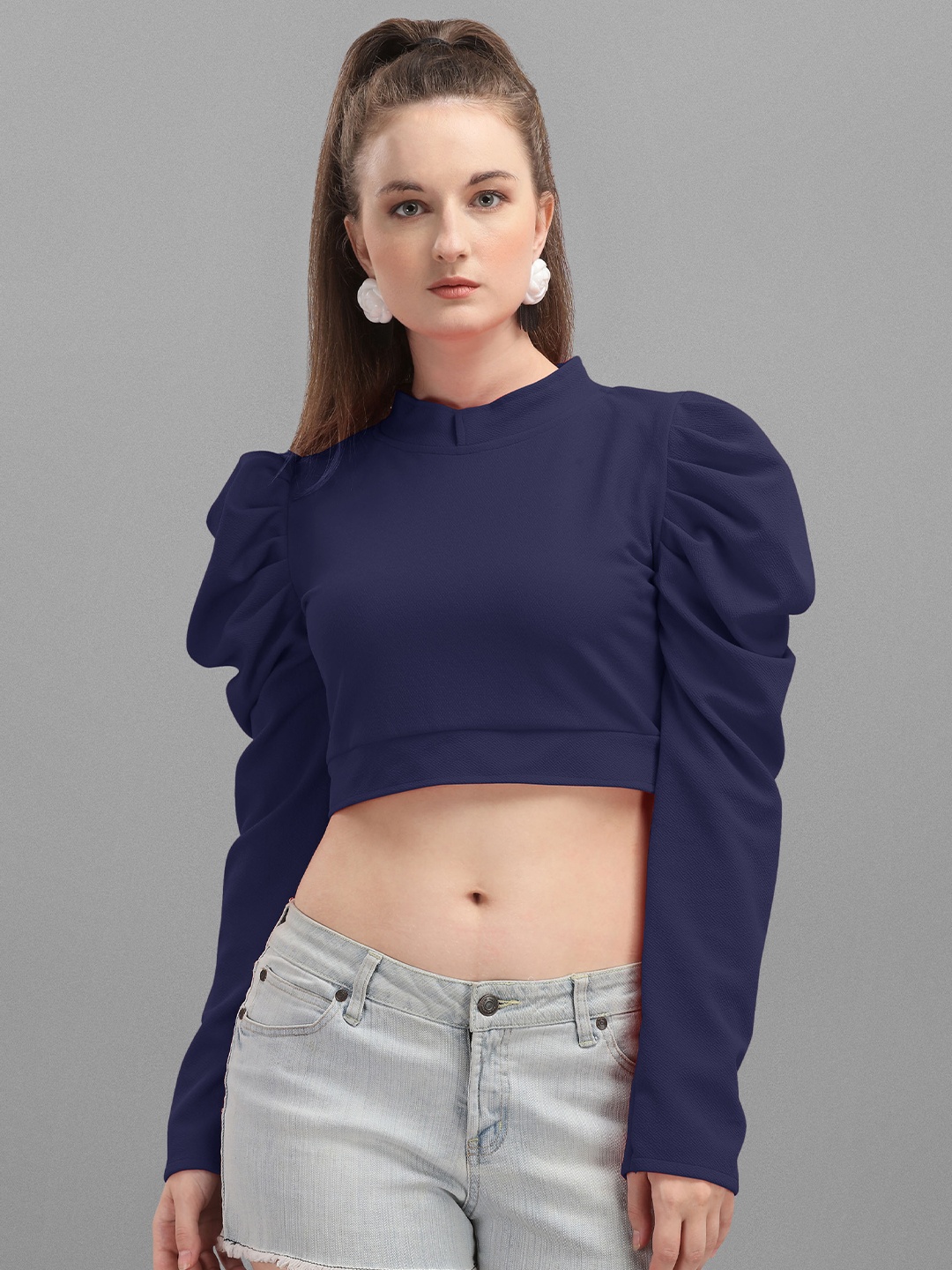 

DL Fashion Puff Sleeve Indigo Crop Top, Blue