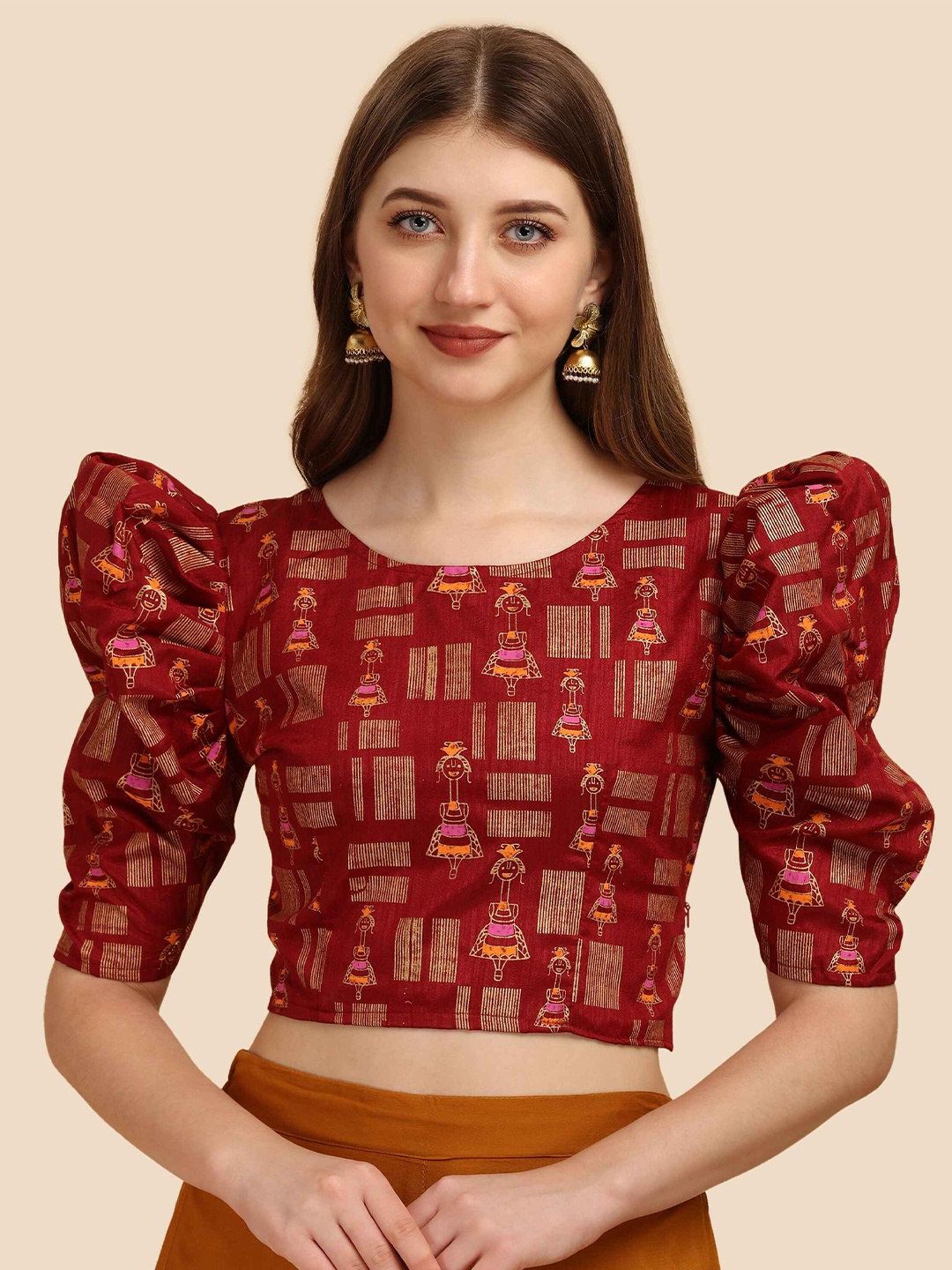 

DL Fashion Ethnic Motifs Printed Puff Sleeve Crop Top, Maroon