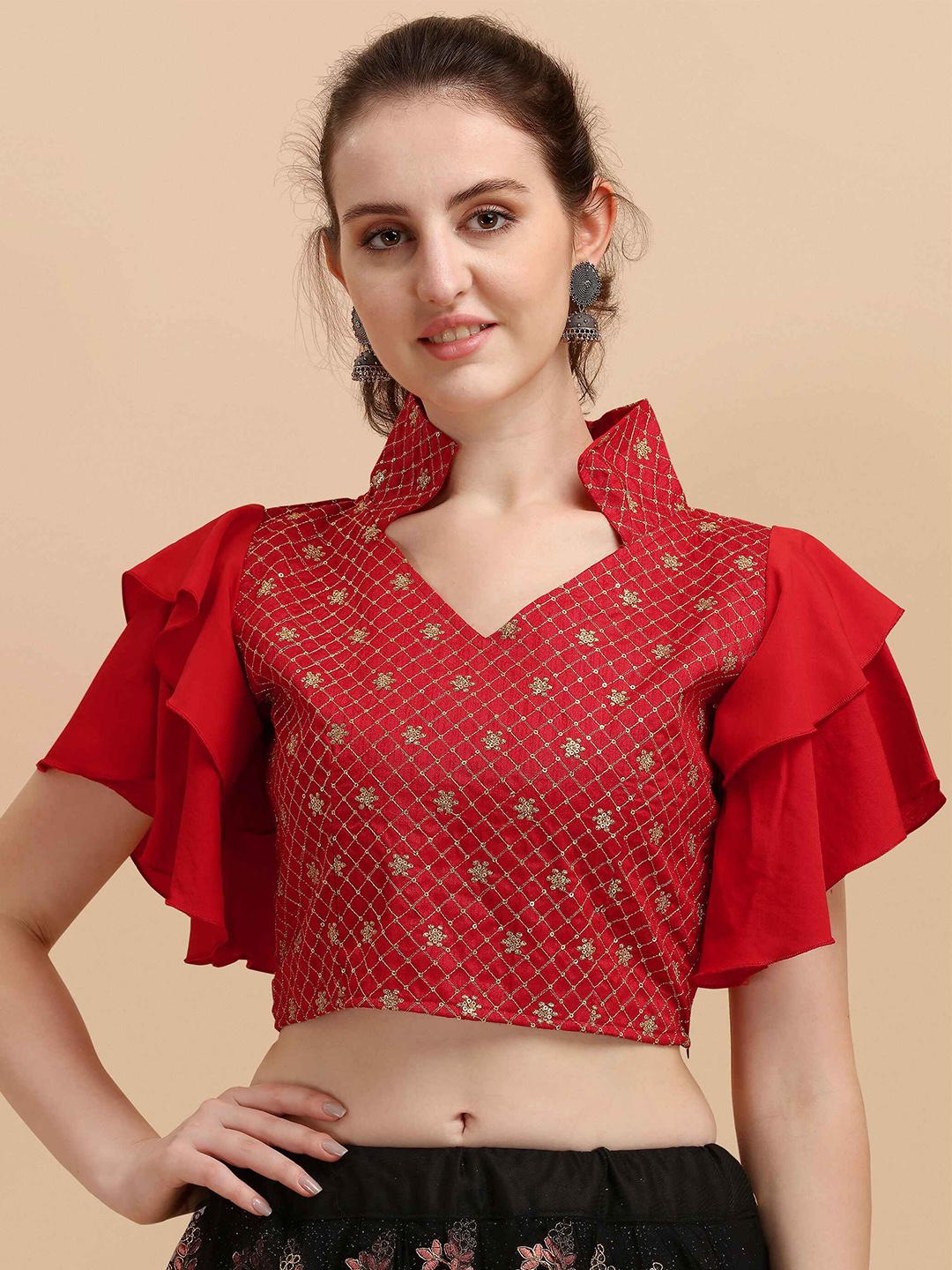 

DL Fashion Embellished Flutter Sleeve Crop Top, Red