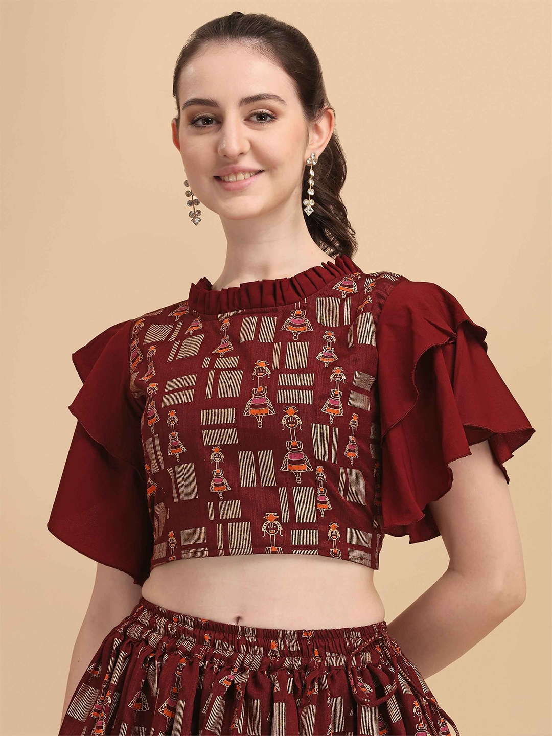 

DL Fashion Ethnic Motifs Printed High Neck Flutter Sleeves Crop Top, Maroon