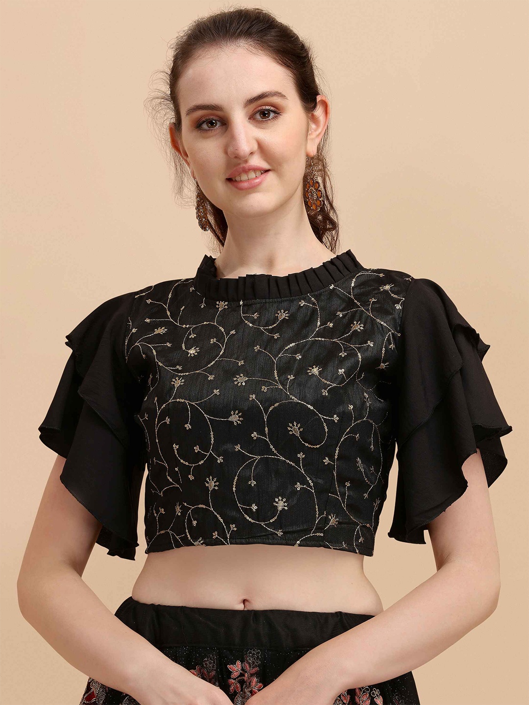 

DL Fashion Floral Embroidered High Neck Flutter Sleeves Sequinned Crop Top, Black