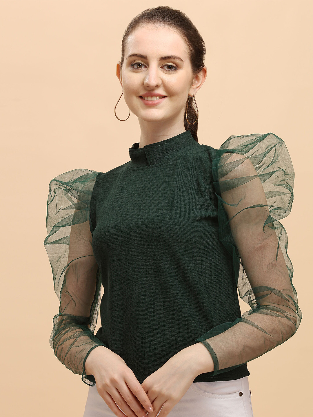 

DL Fashion High Neck Puff Sleeves Regular Top, Green