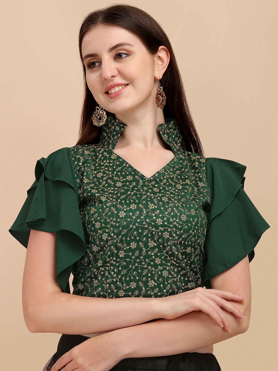 

DL Fashion Embellished Print Flutter Sleeve Crop Top, Green