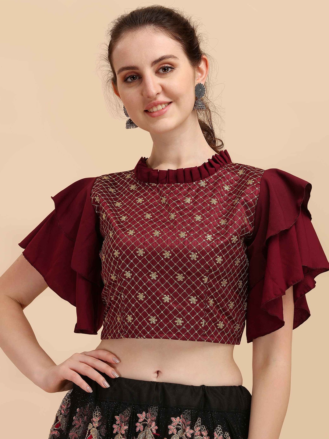 

DL Fashion Embroidered Sequinned Flutter Sleeve Crop Top, Maroon