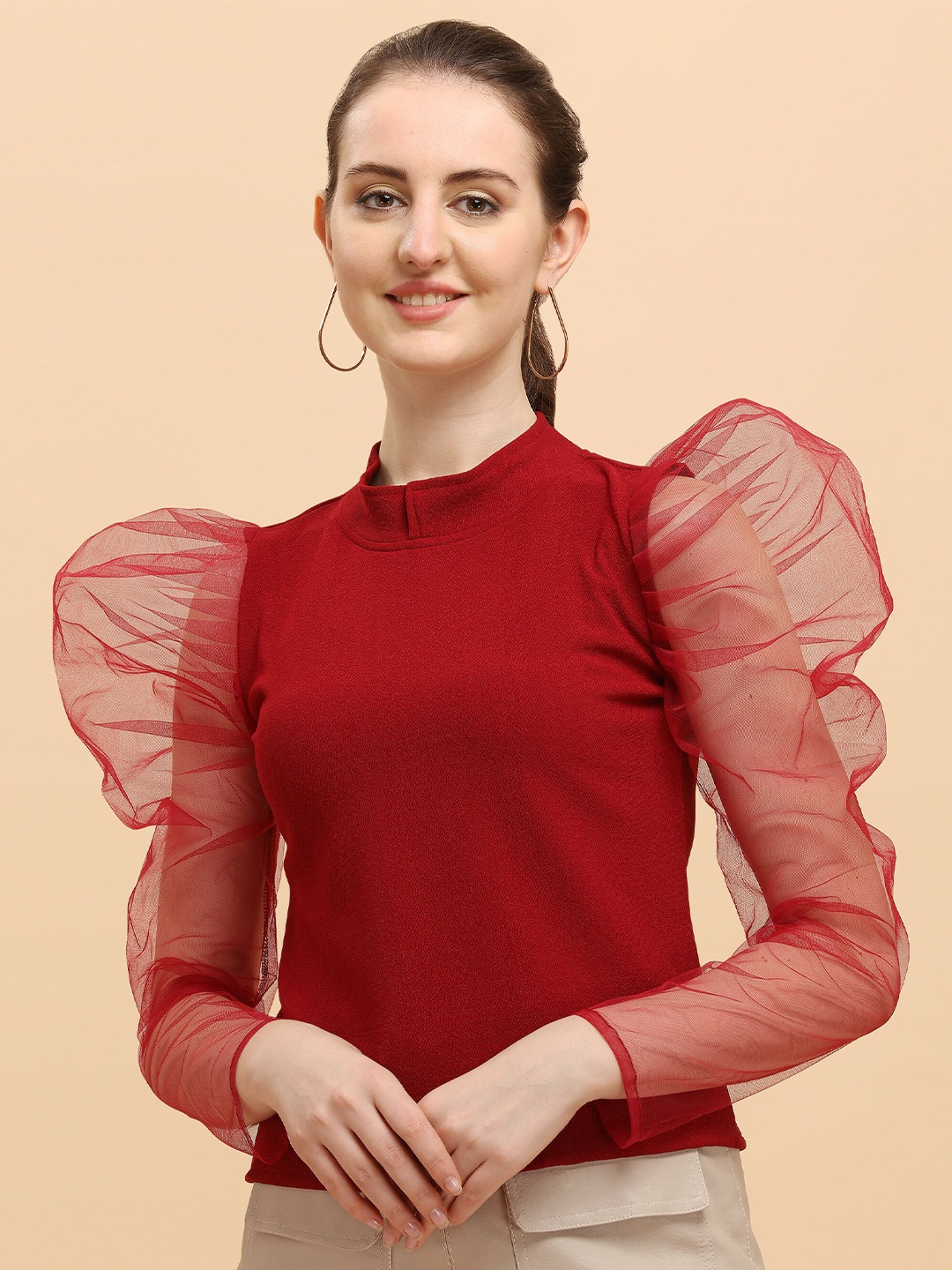 

DL Fashion High Neck Puff Sleeve Top, Maroon