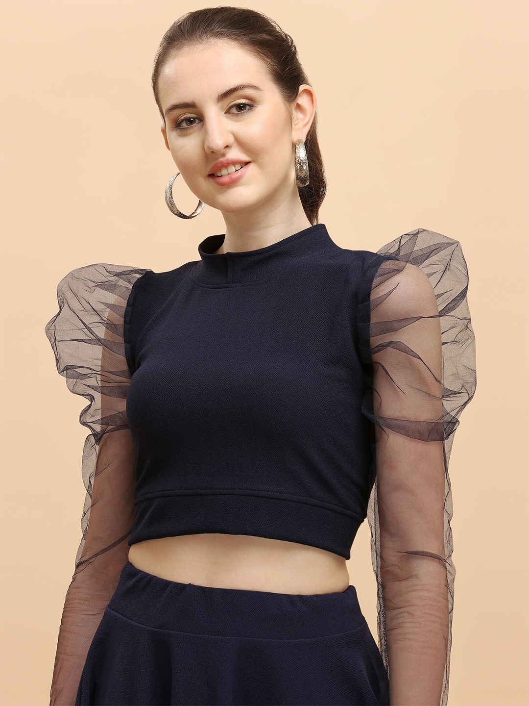 

DL Fashion Long Puff Sleeves Regular Crop Top, Blue