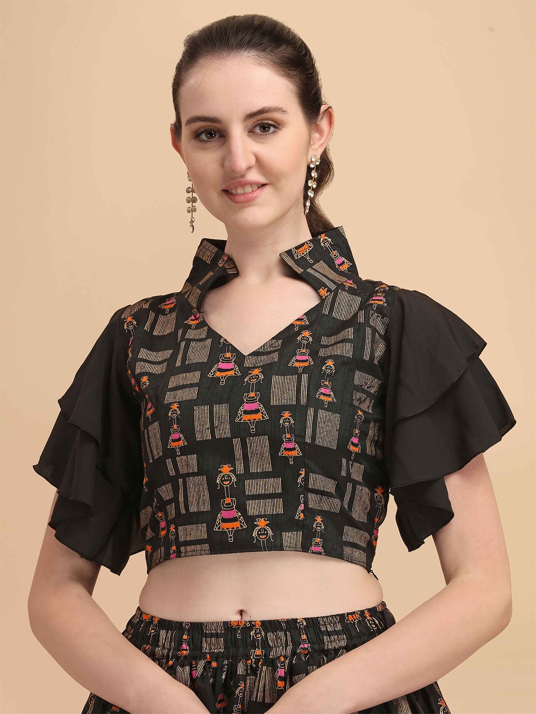 

DL Fashion Ethnic Motifs Printed Flutter Sleeves Crop Top, Black