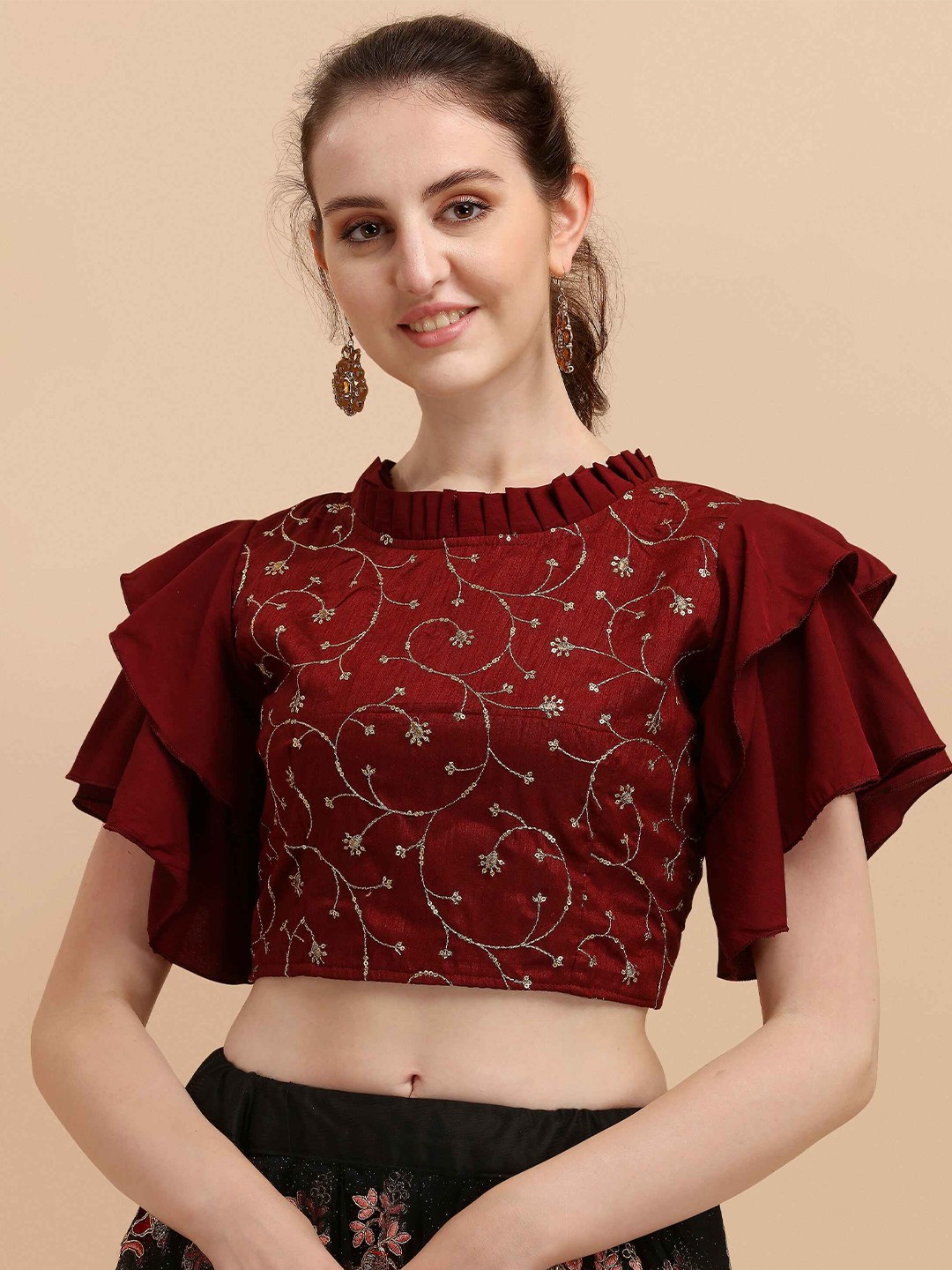 

DL Fashion Floral Embroidered Sequinned Flutter Sleeve Crop Top, Maroon