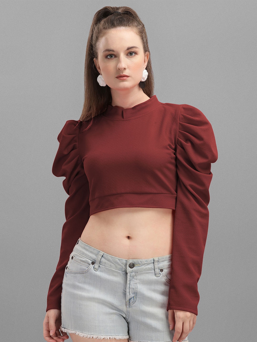 

DL Fashion High Neck Puff Sleeve Crop Top, Maroon
