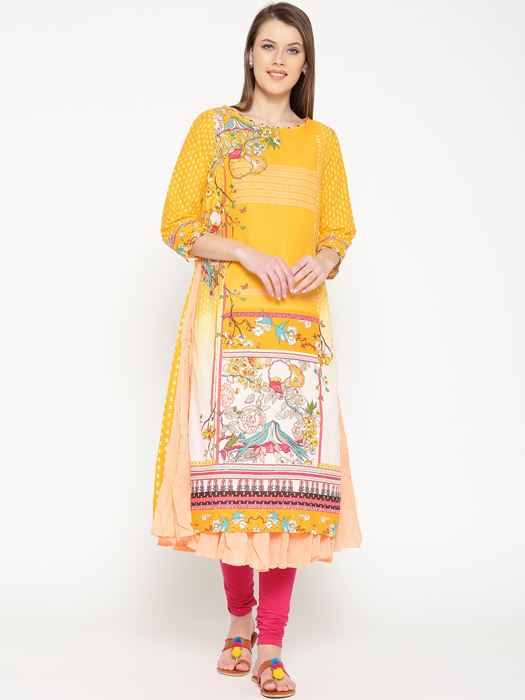 

Biba Women Yellow & Peach-Coloured Printed Straight Kurta