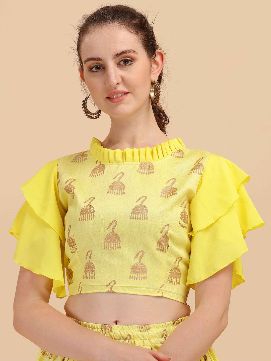 

DL Fashion Print Flutter Sleeve Indigo Crop Top, Yellow
