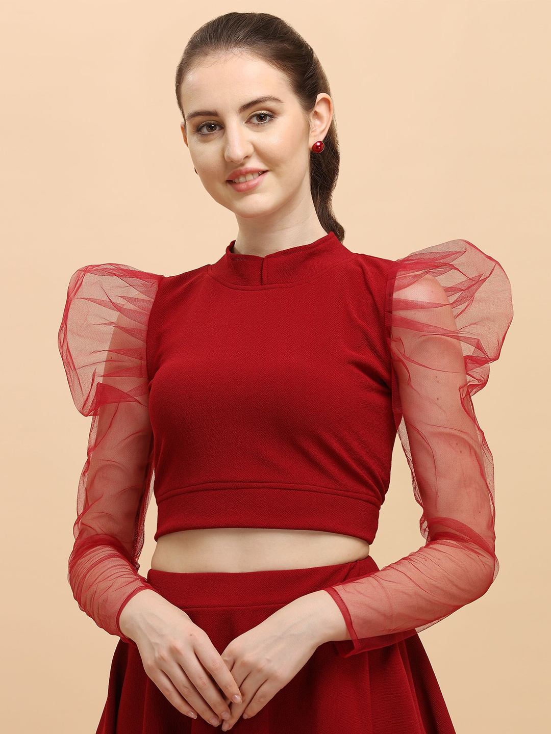 

DL Fashion Puff Sleeves Crop Regular Top, Maroon