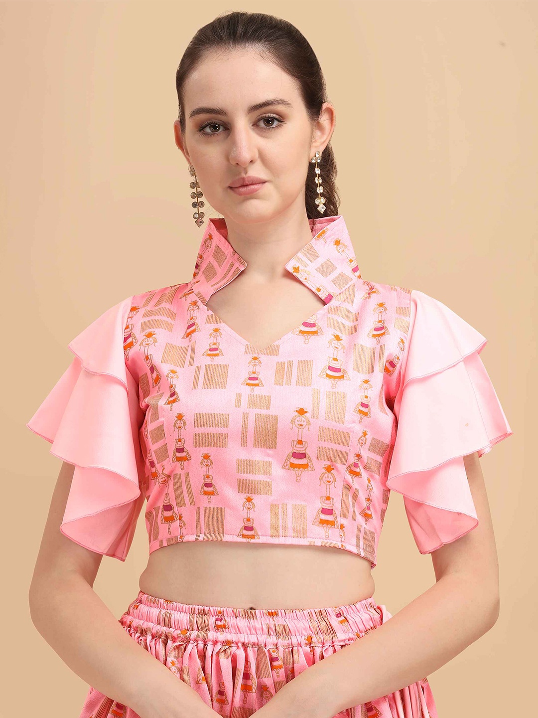 

DL Fashion Floral Print Flutter Sleeve Indigo Shirt Style Crop Top, Pink