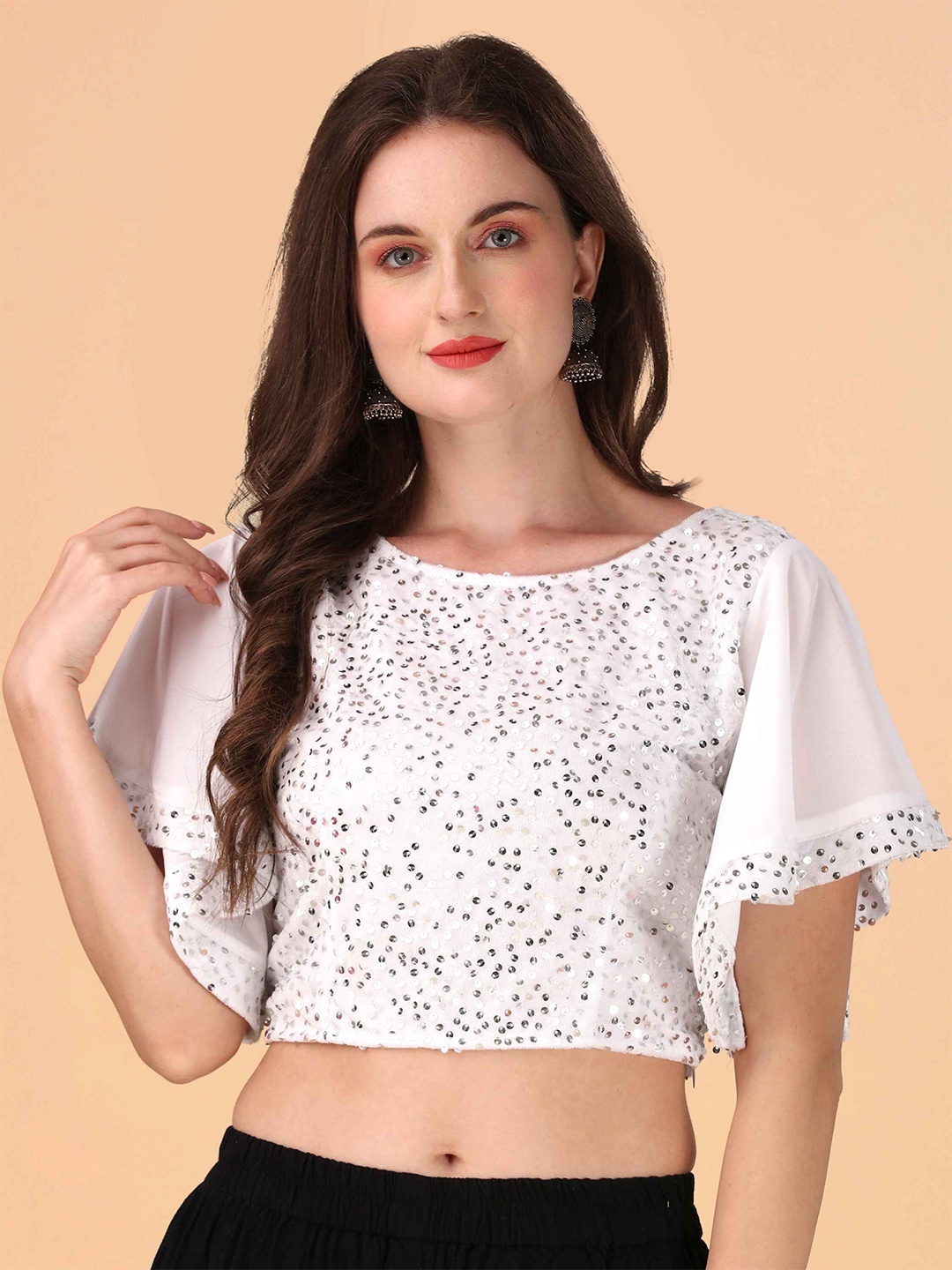

DL Fashion Embellished Sequinned Flared Sleeves Crop Top, White