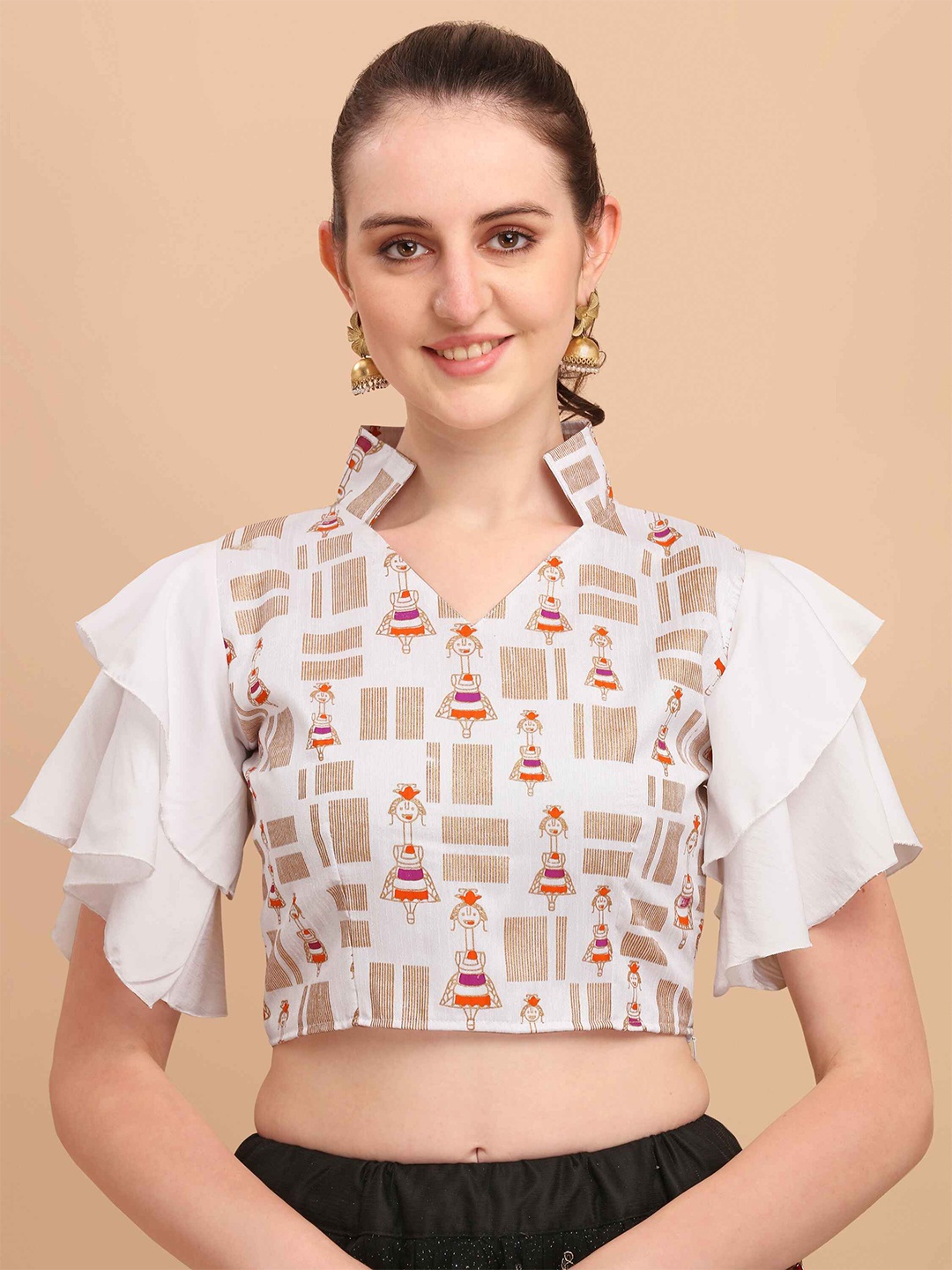 

DL Fashion Ethnic Motifs Printed Flutter Sleeve Crop Top, White