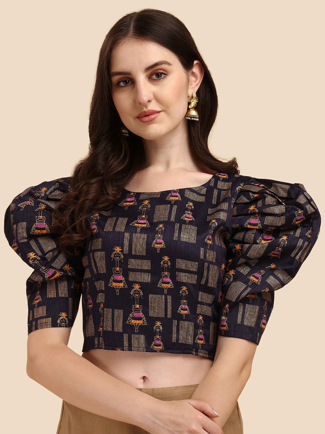 

DL Fashion Ethnic Motifs Printed Puff Sleeves Crop Top, Blue