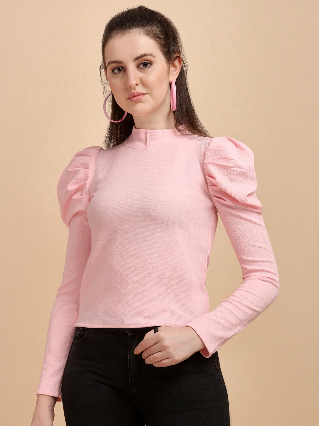 

DL Fashion High Neck Puff Sleeve Top, Pink