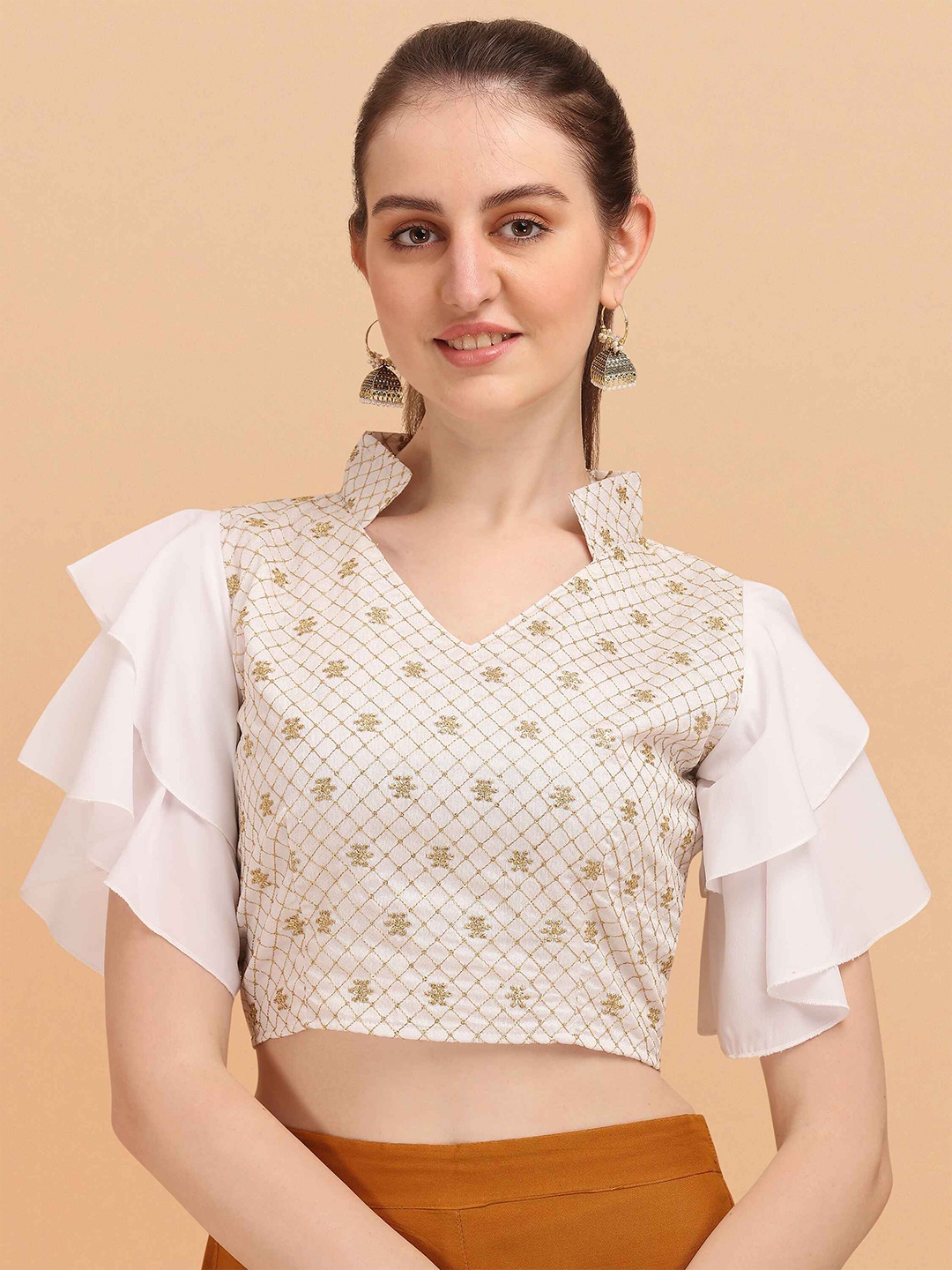

DL Fashion Floral Embroidered Flutter Sleeves Sequinned Crop Top, White