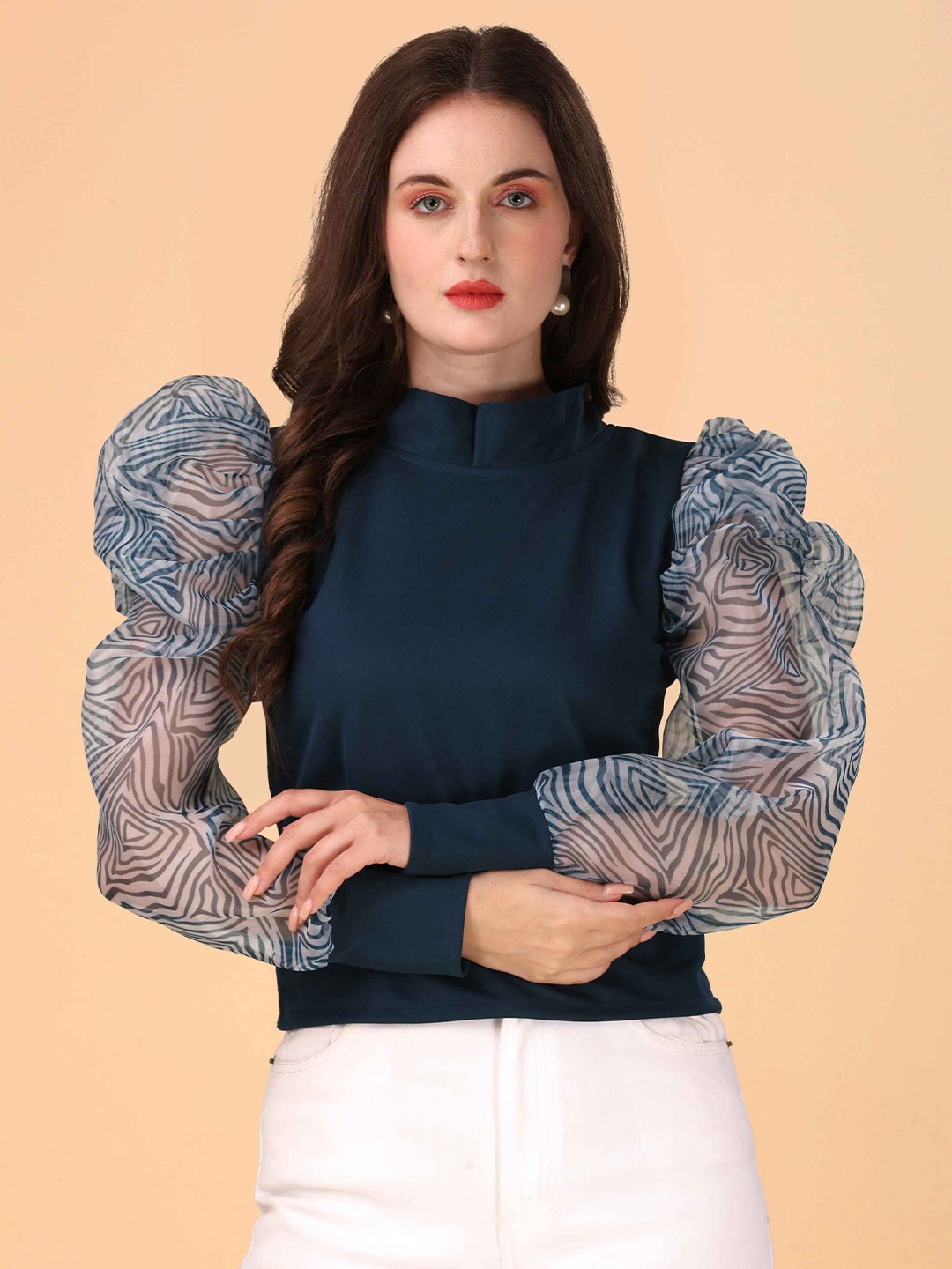 

DL Fashion High Neck Puff Sleeves Top, Turquoise blue