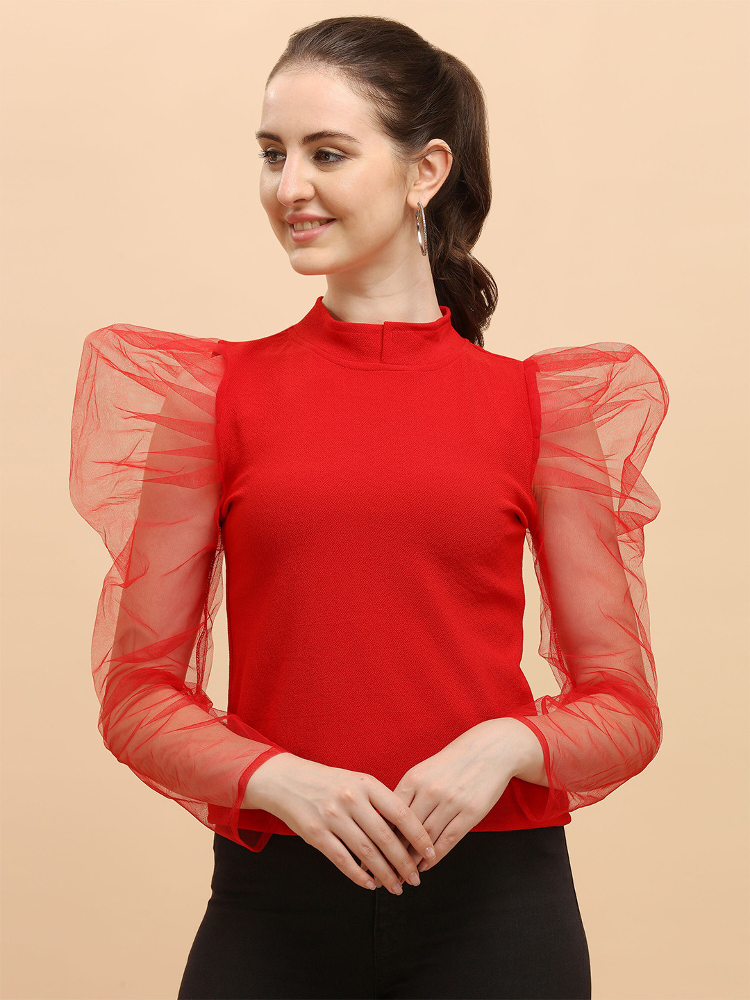 

DL Fashion high Neck Puff Sleeve Top, Red