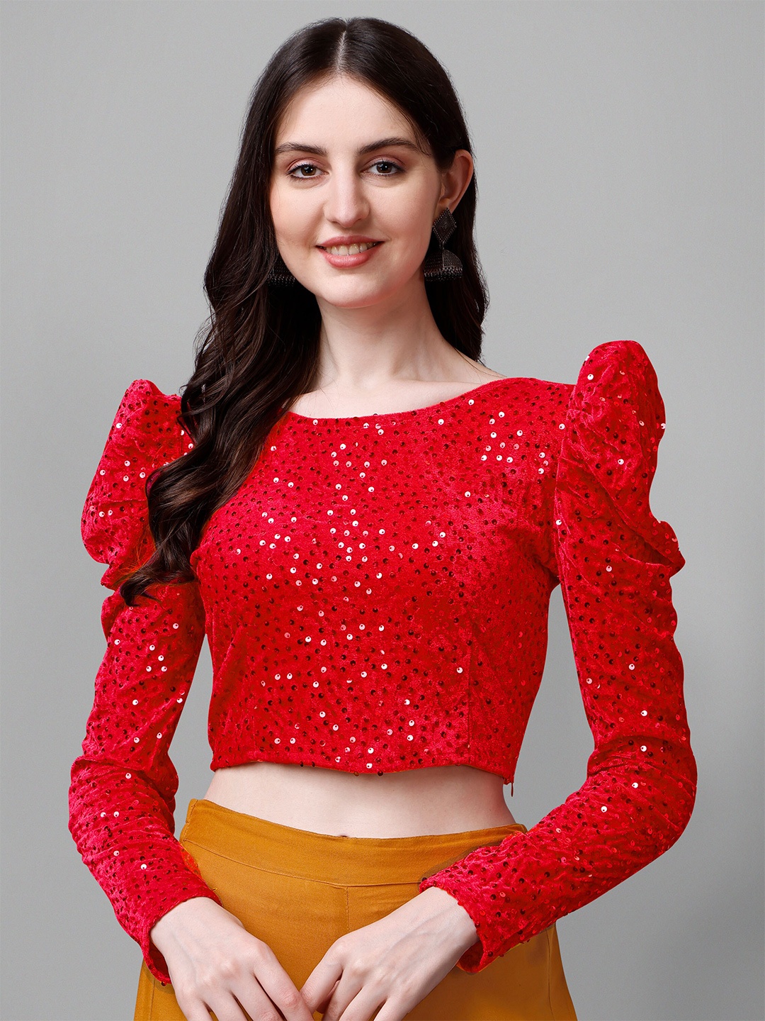 

DL Fashion Embellished Puff Sleeve Regular Crop Top, Red
