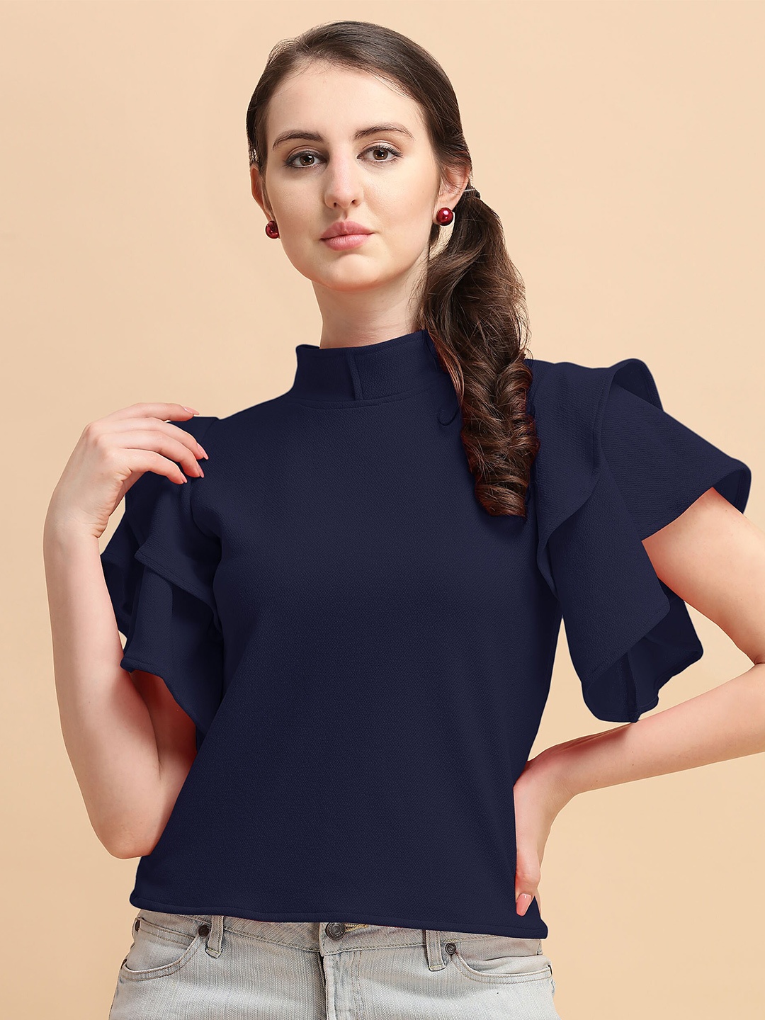 

DL Fashion Flared Sleeve High Neck Indigo Regular Top, Blue
