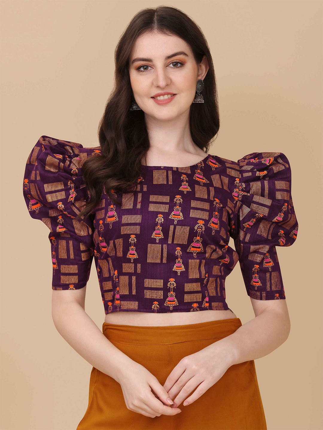 

DL Fashion Geometric Printed Puff Sleeve Crop Top, Purple