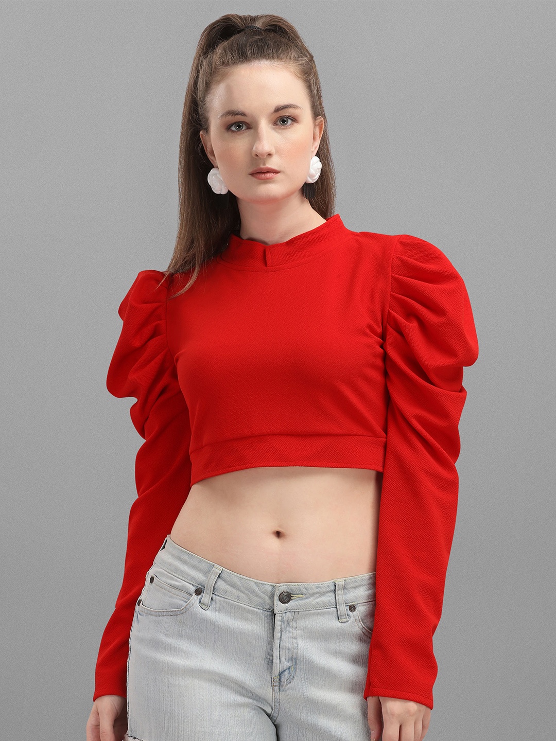 

DL Fashion Puff Sleeve Regular Crop Top, Red