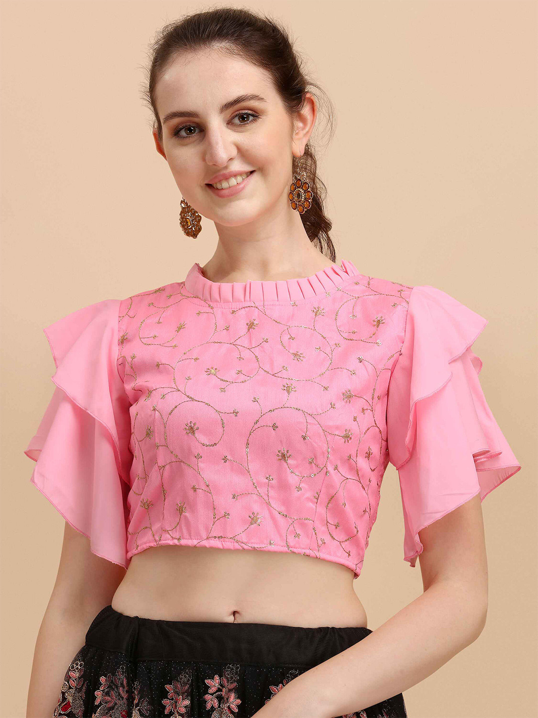

DL Fashion Embellished Flutter Sleeve Crop Regular Top, Pink