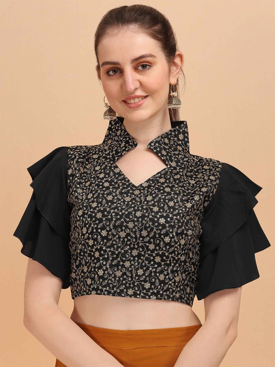 

DL Fashion Floral Print Mandarin Collar Flutter Sleeve Indigo Crop Top, Black
