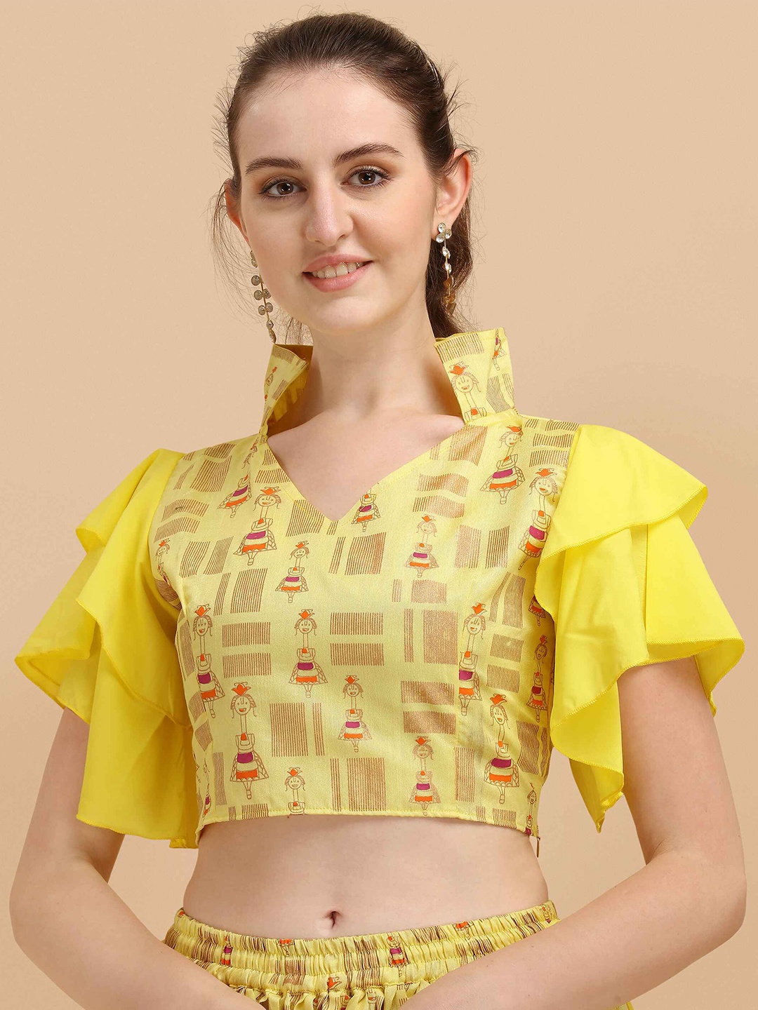 

DL Fashion Printed Flutter Sleeves Regular Crop Top, Yellow