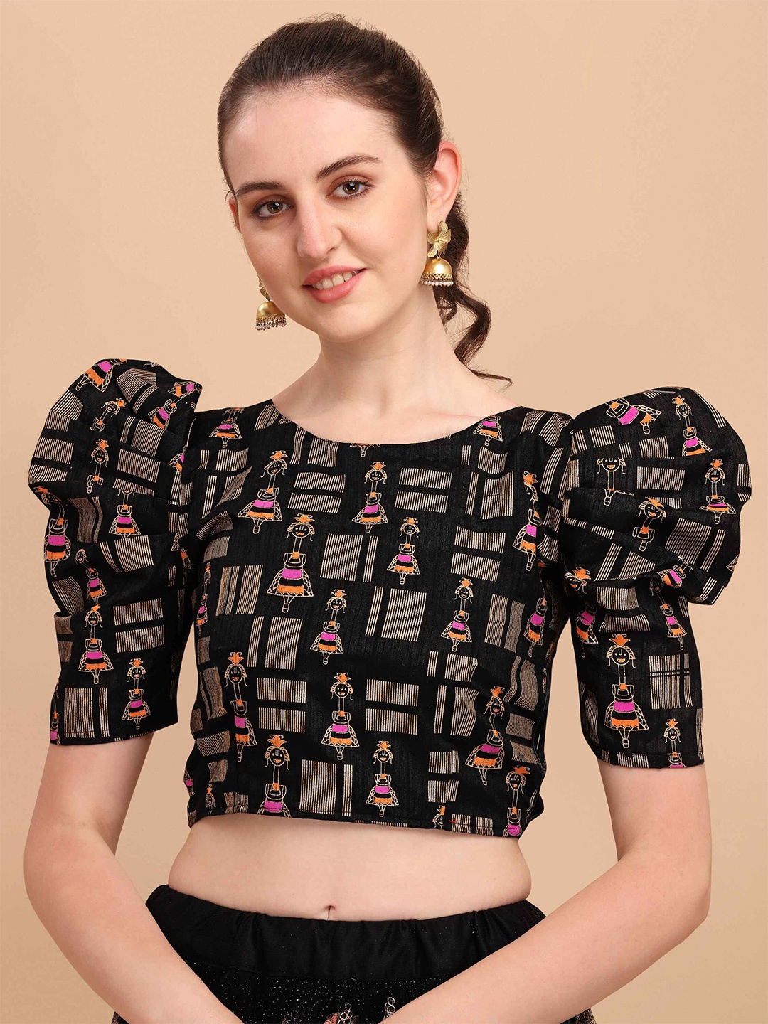 

DL Fashion Floral Print Puff Sleeve Crop Top, Black