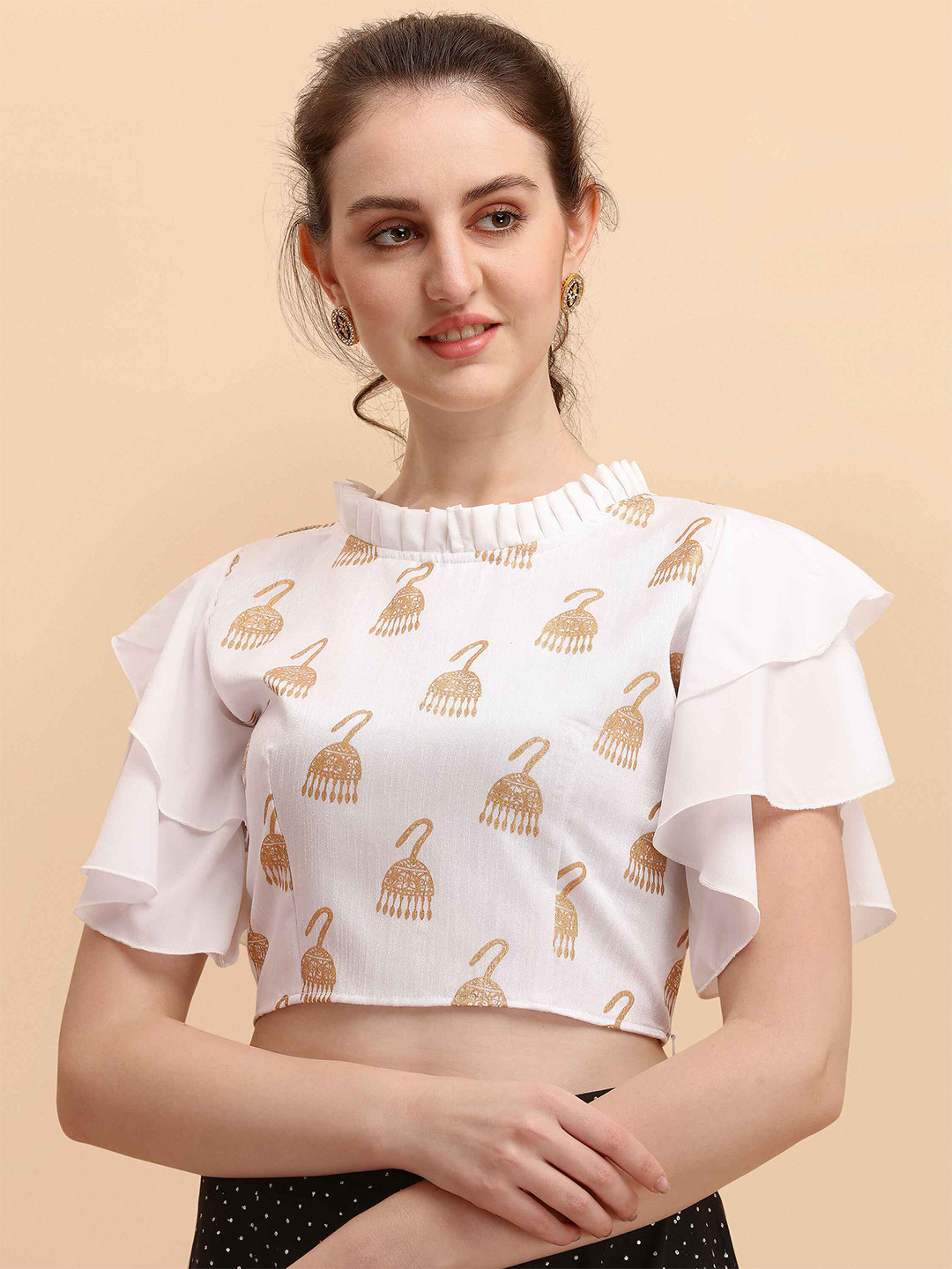 

DL Fashion Print Flutter Sleeve Indigo Crop Top, White