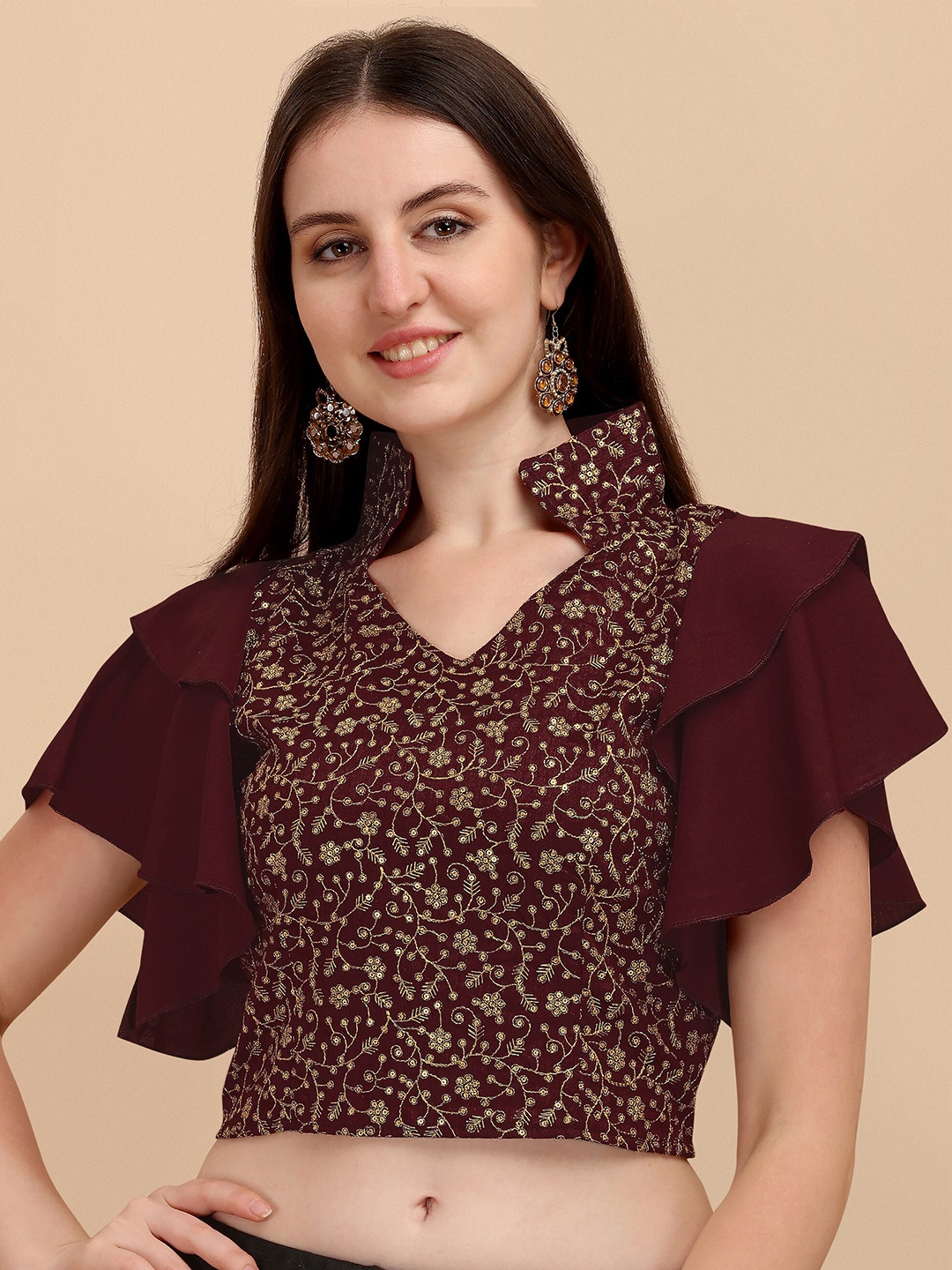 

DL Fashion Floral Embroidered Flutter Sleeves Sequinned Crop Top, Maroon