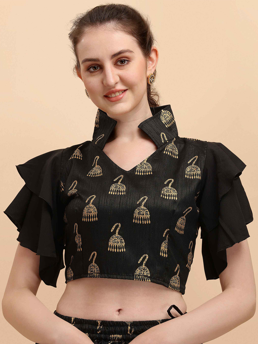 

DL Fashion Conversational Embroidered Flared Sleeves Crop Top, Black