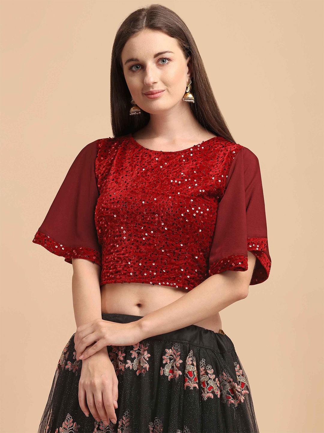 

DL Fashion Embellished Flared Sleeve Crop Top, Maroon