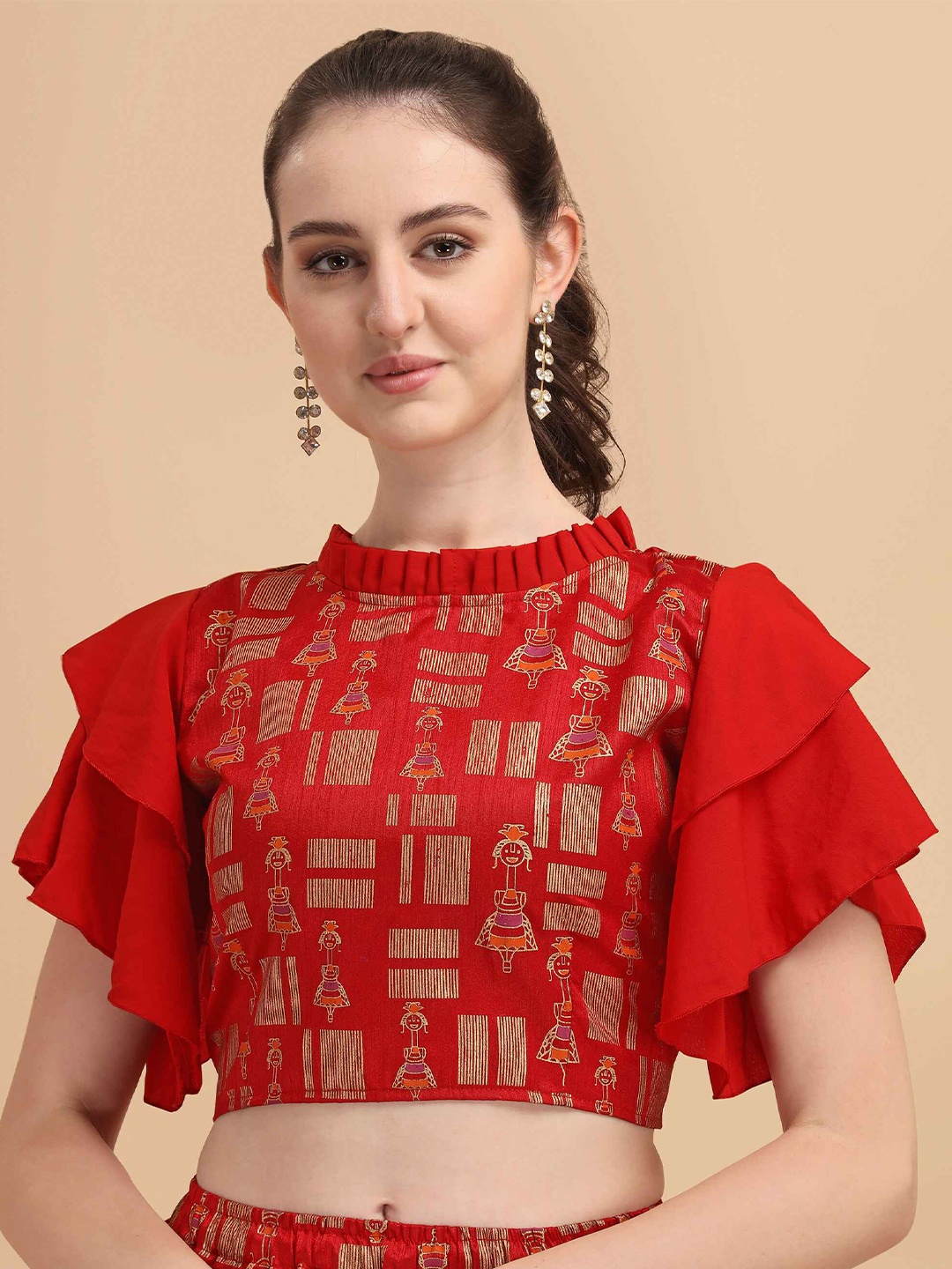 

DL Fashion Ethnic Motif Printed Flutter Sleeve Crop Top, Red