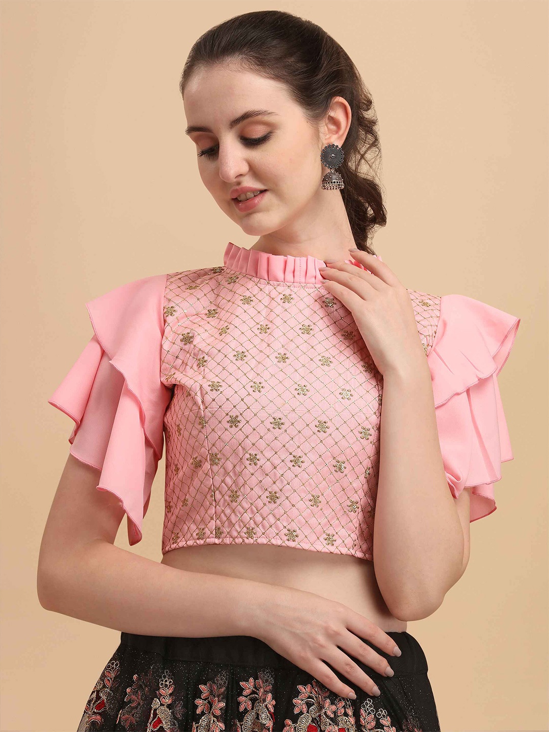 

DL Fashion Embellished Flutter Sleeve Crop Regular Top, Pink