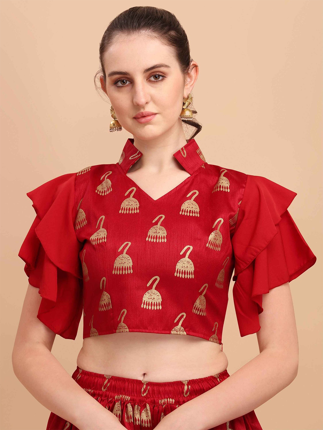 

DL Fashion Ethnic Motifs Printed Flutter Sleeves Crop Top, Red