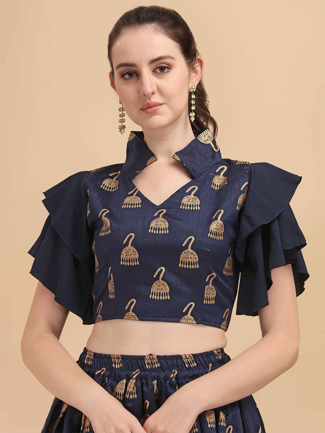 

DL Fashion Ethnic Motifs Printed Flutter Sleeve Crop Top, Navy blue