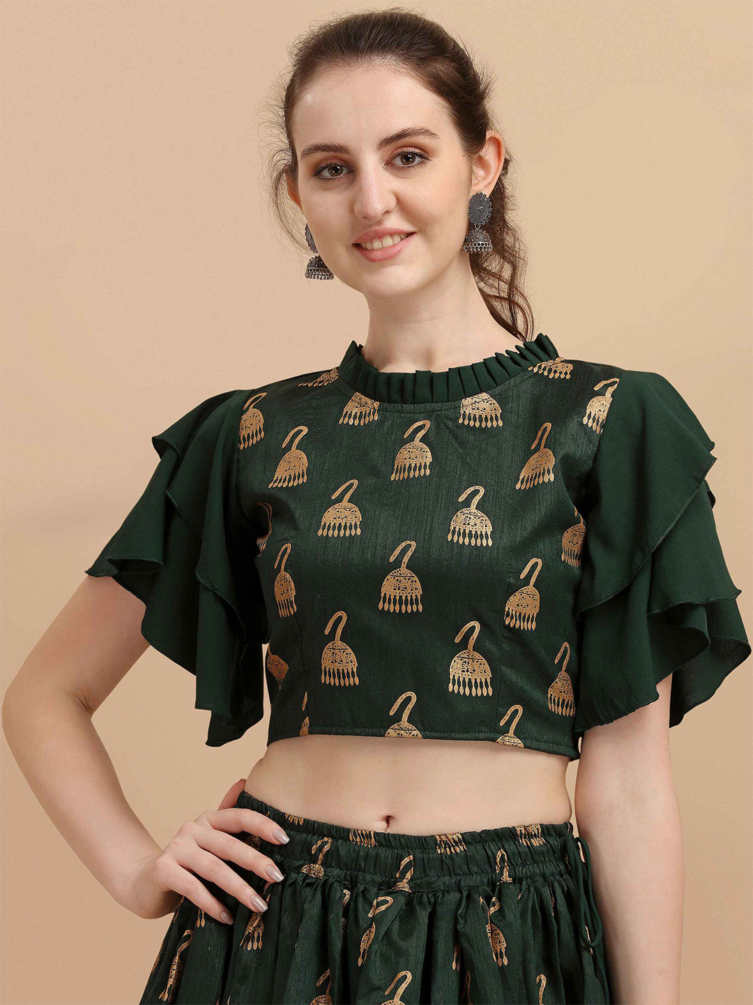 

DL Fashion Print Flutter Sleeve Indigo Crop Top, Green