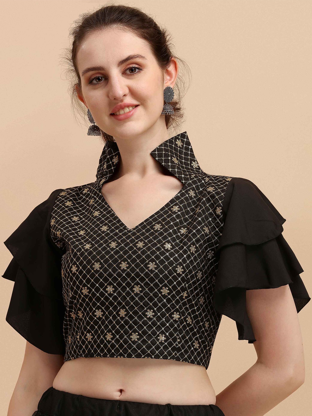 

DL Fashion Ethnic Motifs Sequinned Embroidered Flutter Sleeve Crop Top, Black