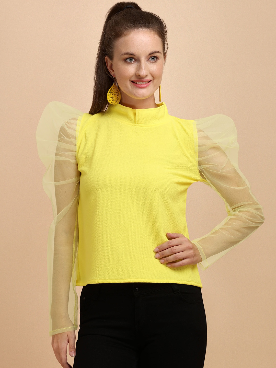 

DL Fashion Puff Sleeve High Neck Top, Yellow